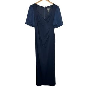 DKNY Womens Pouf Sleeve Full-Length Formal Gown Dress Size 4 Blue Side Slit NWT